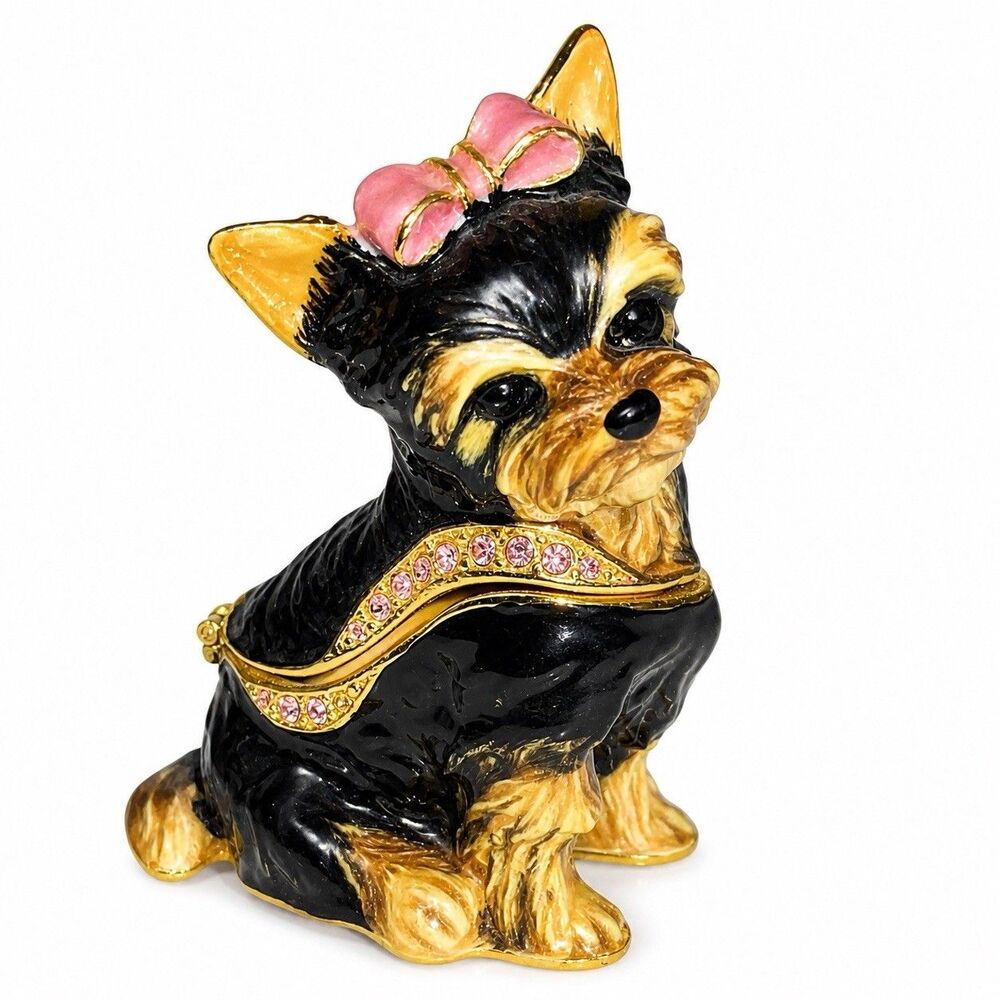 Sweetie Yorkie Hinged Trinket / Jewelry Box Pewter Bejeweled Kingspoint